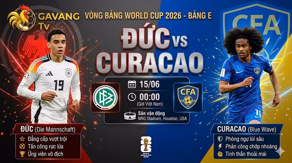 Đồ họa ảnh bìa trước trận đấu World Cup 2026 giữa Đức và Curacao, hiển thị Jamal Musiala và Tahith Chong trên nền chia đôi màu sắc quốc kỳ và logo Gavang TV ở góc.